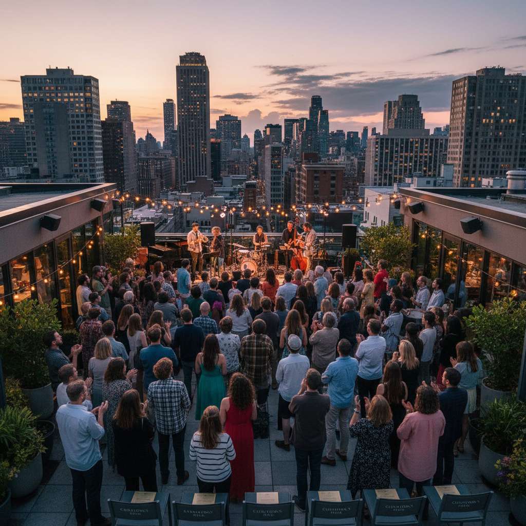 Concierto íntimo en terraza urbana de noche