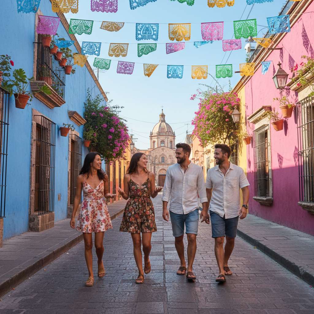 Grupo de amigos caminando por una calle colorida en la Ciudad de México