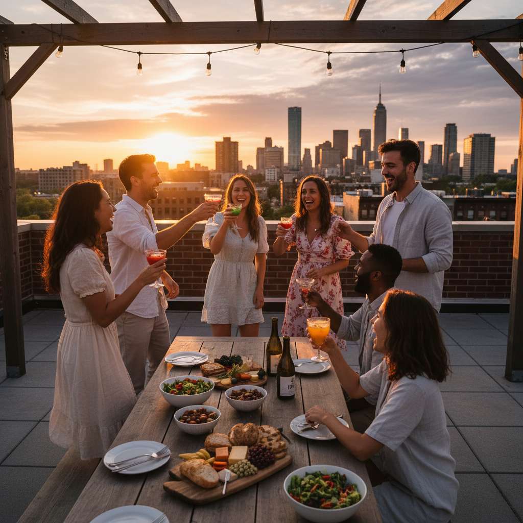Amigos disfrutando un atardecer en la ciudad