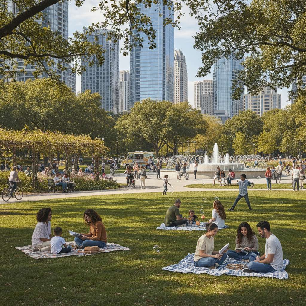 Personas relajándose en un parque urbano