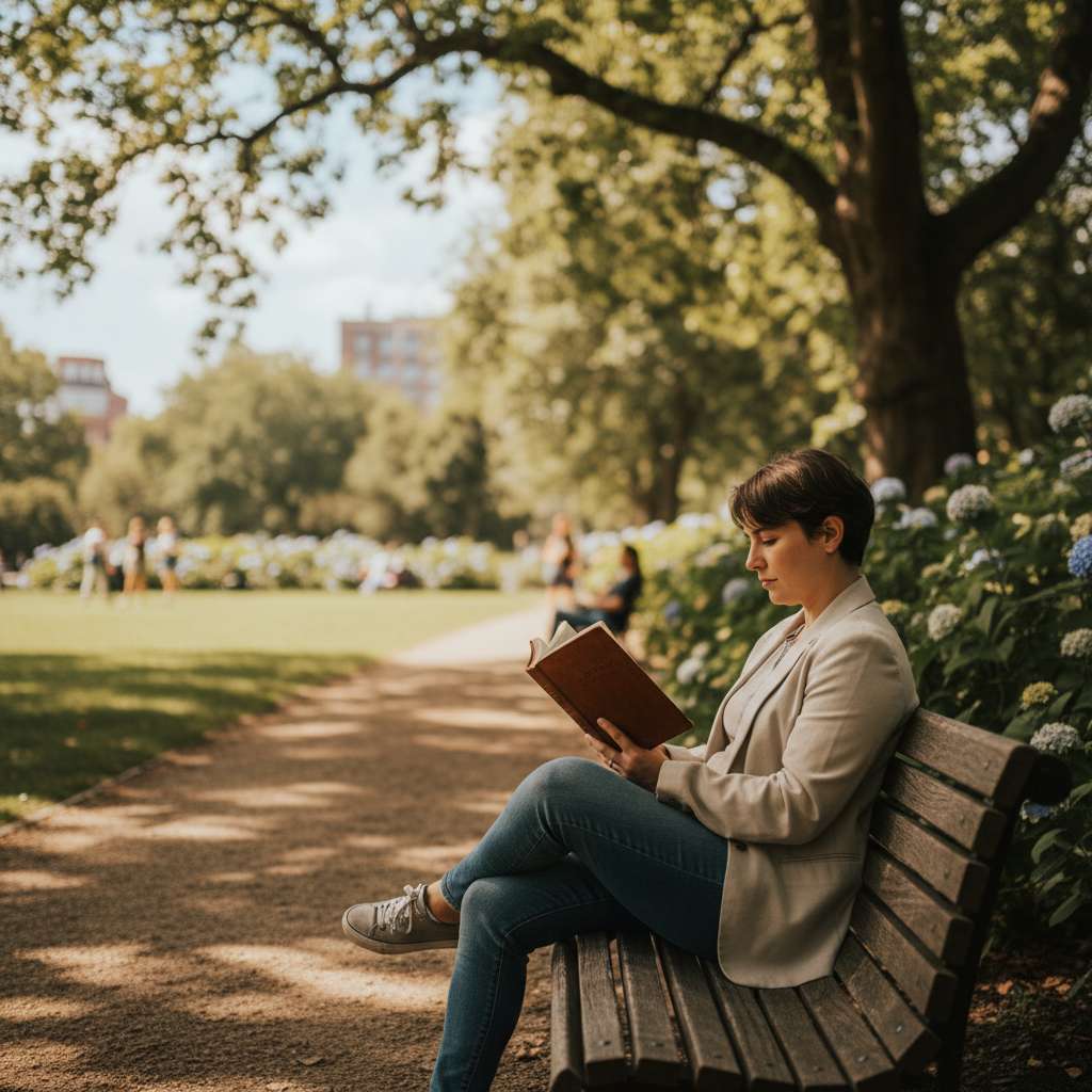 Persona leyendo un libro en una banca del parque