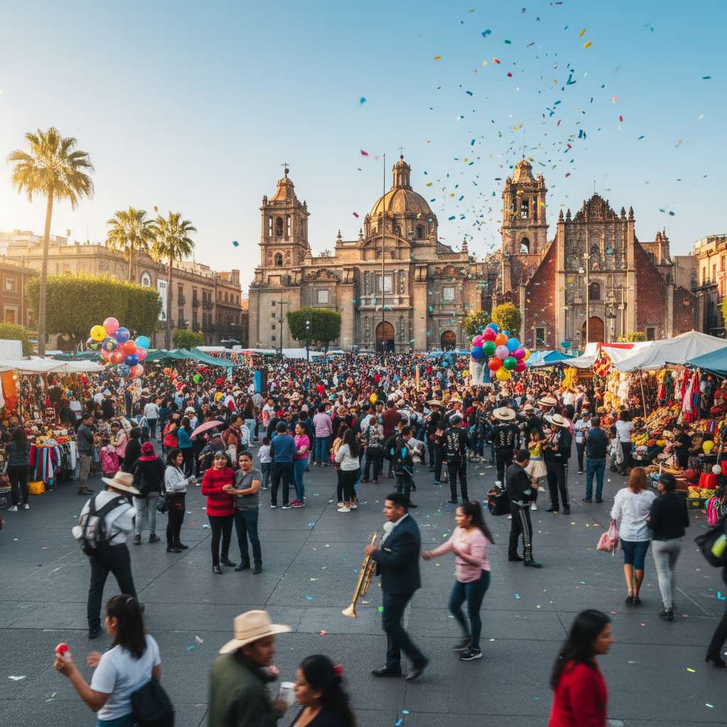 Vista panorámica de una plaza vibrante en la Ciudad de México